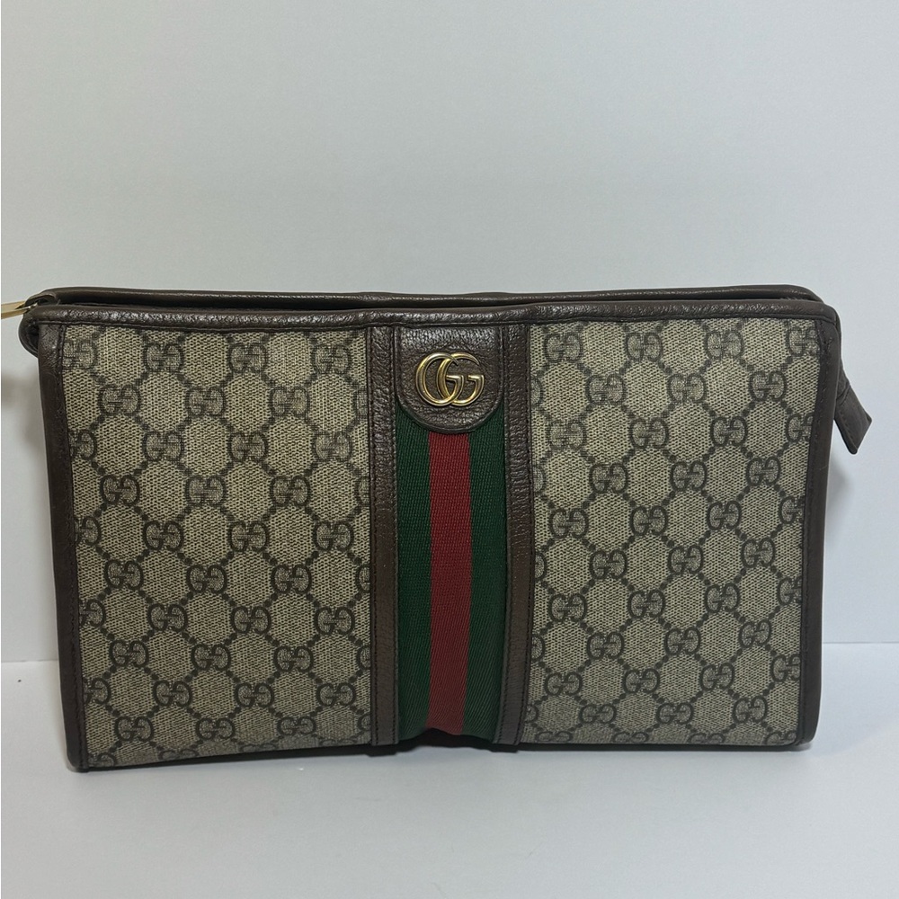 Gucci Beige Monogram Pouch/Clutch  with Green and Red Web